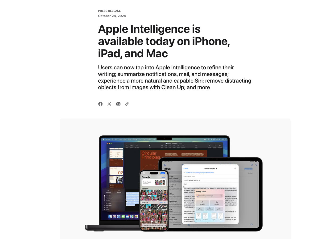 苹果正式上线Apple Intelligence 预告下一波更新将在12月到来